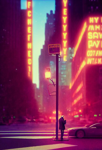 Brightly lit city street with a man standing on corner generative ai