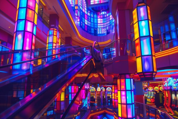 Photo a brightly lit escalator inside a building with colorful patterns and bustling activity bright lights and colorful patterns in a bustling casino