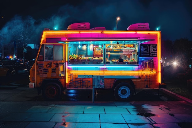 A brightly lit food truck parked on the side of the road serving delicious food to customers A food truck with bright neon lighting at night AI Generated