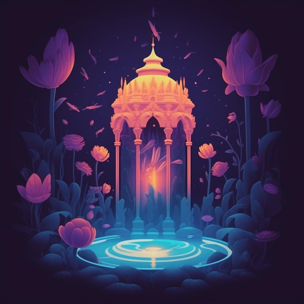 a brightly lit fountain surrounded by flowers and plants in a dark room generative ai