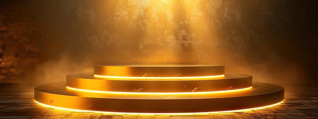 A brightly lit gold illuminated podium The place for the award