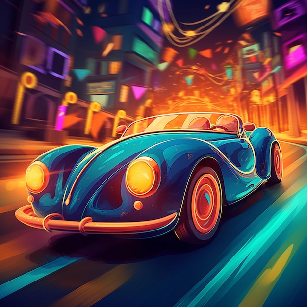 Brightly lit illustration of a blue car driving down a city street generative ai