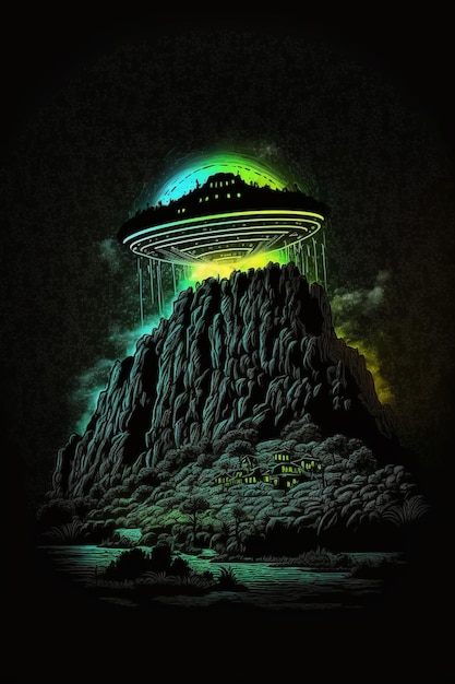 a brightly lit image of a spaceship flying over a mountain generative ai