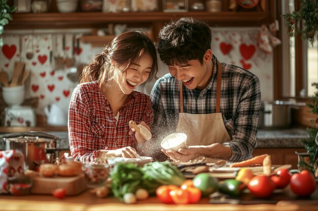 Photo a brightly lit kitchen an asian couple is playfully engaged in cooking together ai photo