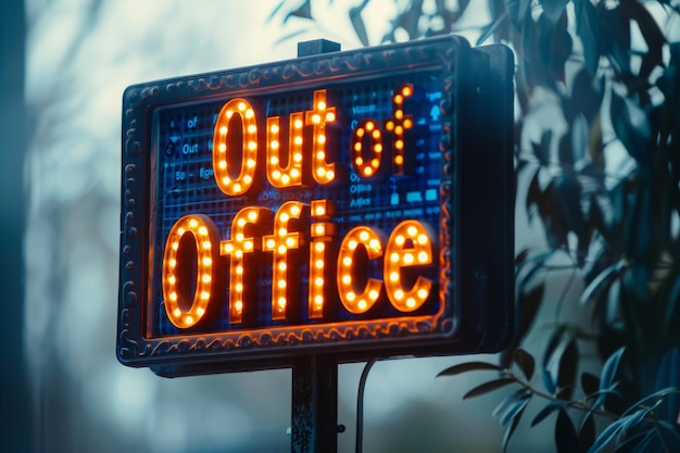 A brightly lit LED Out of Office message signaling the absence of the individual