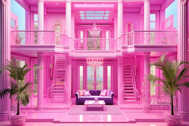 a brightly lit living room with pink walls and stairs generative ai