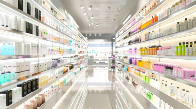 A brightly lit modern beauty aisle in a store showcasing neatly organized skincare and haircare products in a spectrum of vibrant colors