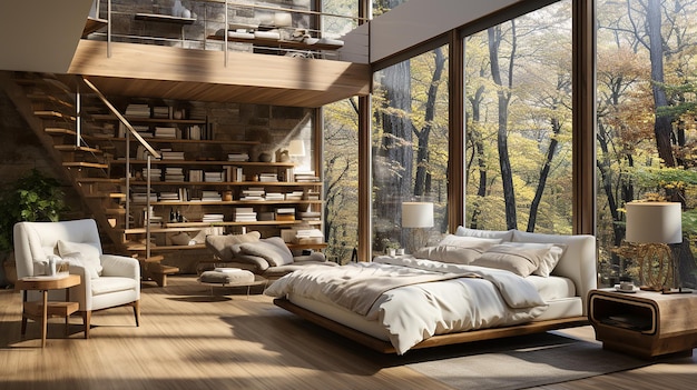 Brightly Lit Modern Bedroom with a View of Trees Outside