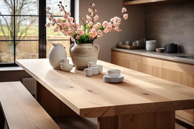 Brightly Lit Natural Oak Wooden Table