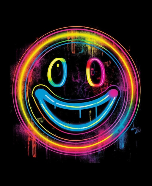 A brightly lit neon smiley face on a black background generative ai