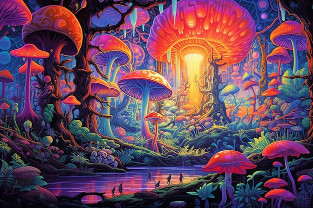 A brightly lit painting of a forest with mushrooms and trees generative ai