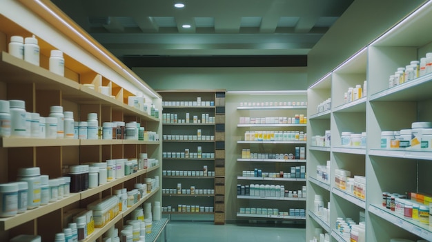 Photo a brightly lit pharmacy aisle featuring shelves stocked with an extensive selection of bottles and boxes emphasizing a clean and wellorganized space