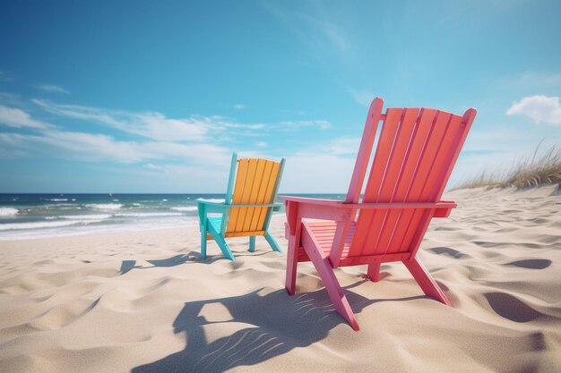 Brightly painted beach chairs in the sand adding Generative ai