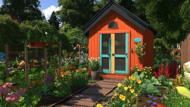 Photo a brightly painted chicken coop in a small backyard