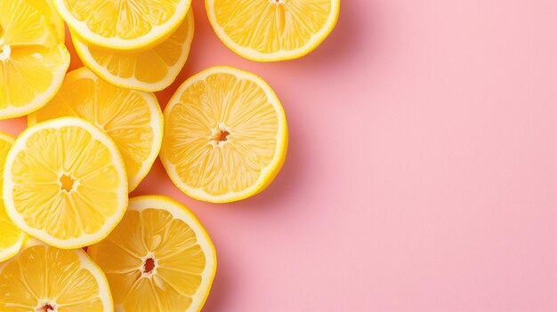 Brightly sliced lemons arrayed on a soft pink surface evoking freshness