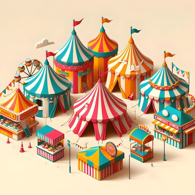 Brightly striped tents line the bustling carnival midway offering tantalizing treats and thrilling