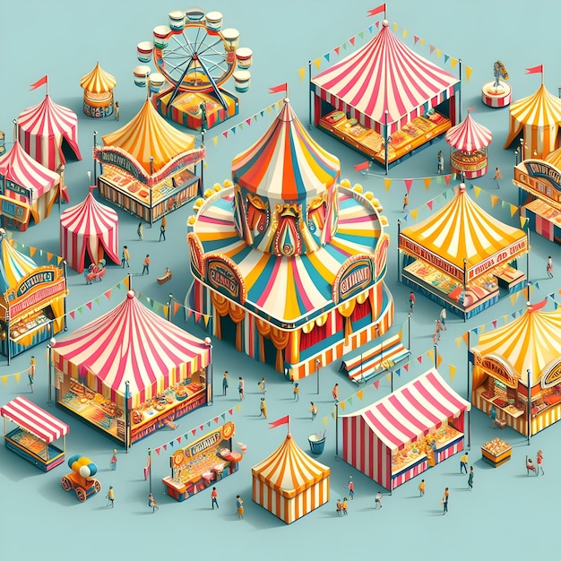 Brightly striped tents line the bustling carnival midway offering tantalizing treats and thrilling