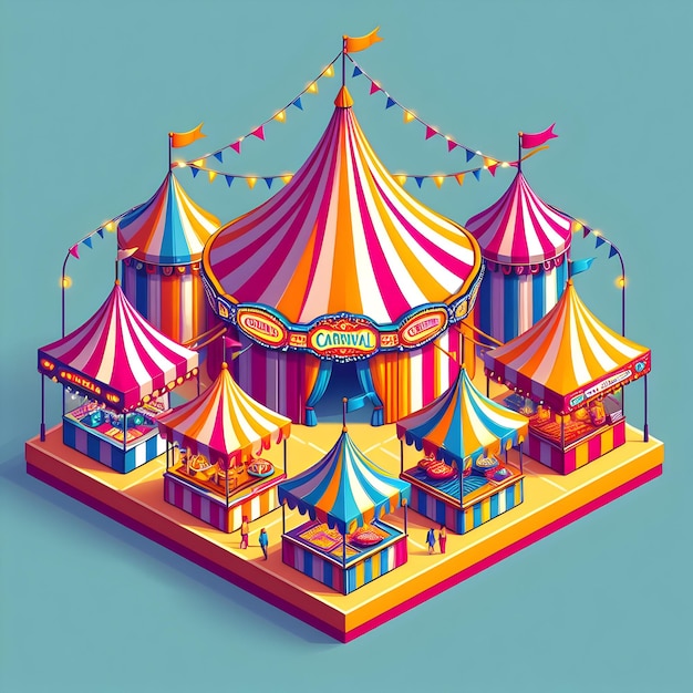 Brightly striped tents line the bustling carnival midway offering tantalizing treats and thrilling