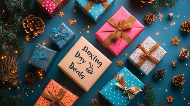 Brightly wrapped gifts showcase festive deals for Boxing Day surrounded by seasonal decorations