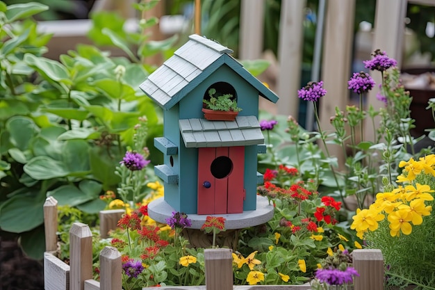 Brightlycolored birdhouse and feeder in garden setting created with generative ai