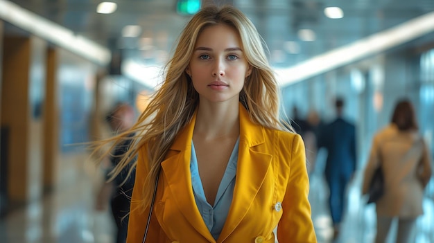 Photo a brilliant businesswoman walking confidently through a busy corporate hallway