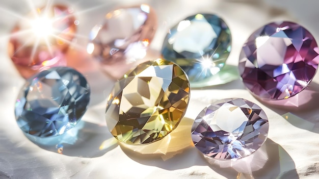 Brilliant Colored Gemstones Shimmering in Radiant Sunlight on White Background