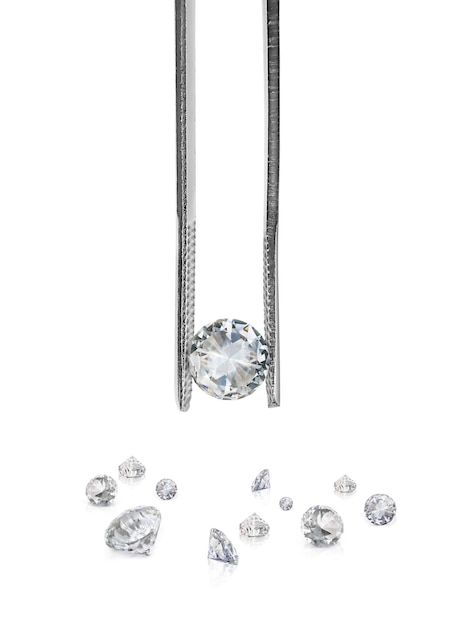 Brilliant cut diamond held by tweezers