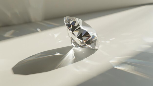 A brilliant diamond reflects light spectacularly casting intricate patterns and showcasing its flawless cut resting on a sleek minimalistic surface