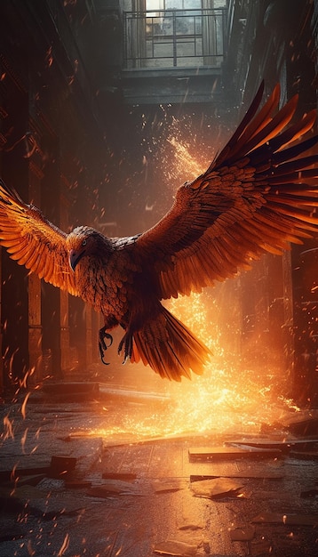 A brilliant fire phoenix facing forward flying through a brutalist environment AI Generated Photo