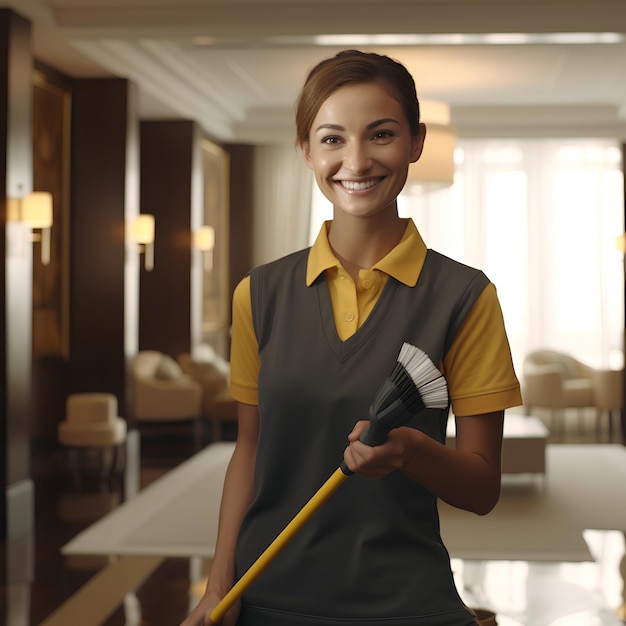 Brilliant Hotel Cleaning Staff Cleaning the Room Smiling