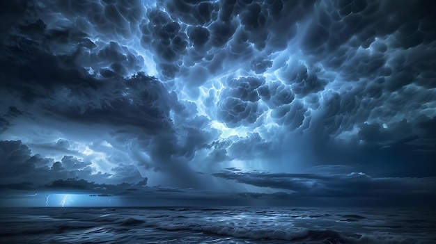 Brilliant lightning flashes illuminate stormy sky with dramatic swirling clouds