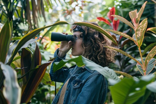 Photo bring binoculars to observe birds attracted to the generative ai