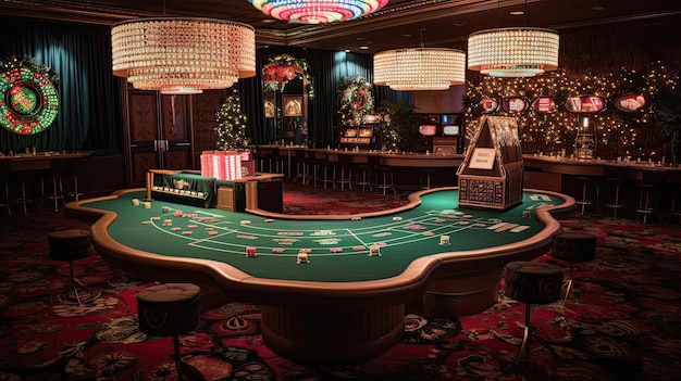 Bring the excitement of the casino to your party with decorations like red and black balloons dice centerpieces and personalized playing card cutouts Generated by AI