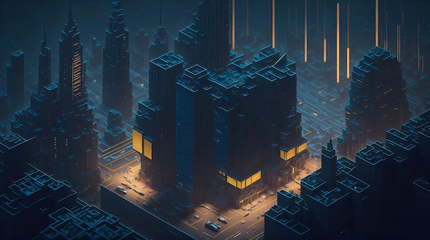 Bring to life a futuristic isometric cityscape