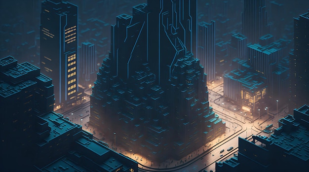 Bring to life a futuristic isometric cityscape