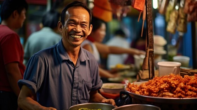 Bringing a dish of chicken noodles to clients on a stall cart a vendor smiles GENERATE AI