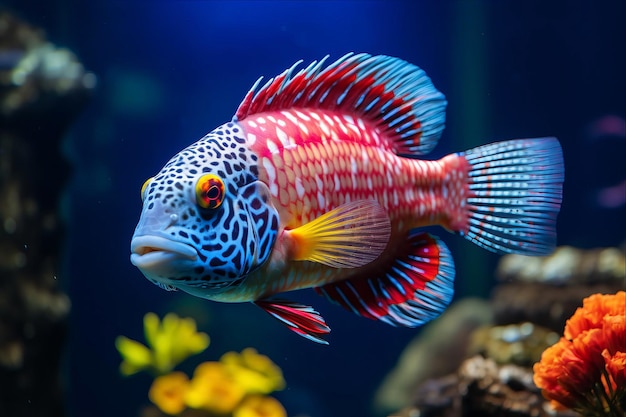 Bringing Luck and Beauty The Colorful Flowerhorn Cichlid Swimming in a Deep Blue Feng Shui Aquarium