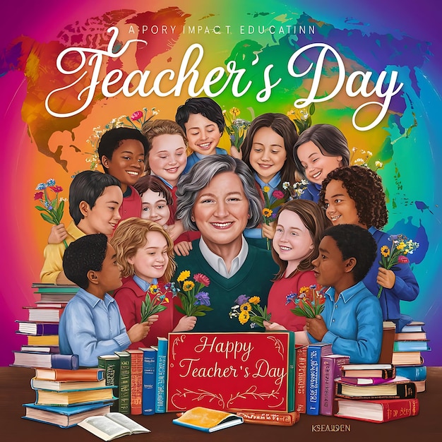 Bringing Realism to Teachers Day A Vibrant Gradient Background Celebrating Educators with Flowers