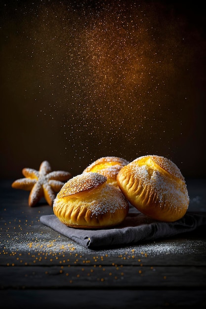 Brioche buns sprinkled with sweet powder on a table with cinematic lighting