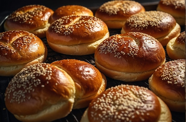 Brioche burger buns on a baking tray