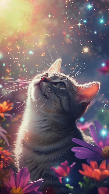 British cat full color flowers stars cinematic shine effect