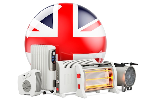 British flag with heating devices Manufacturing trading and service of convection fan oilfilled and infrared heaters in The Great Britain 3D rendering