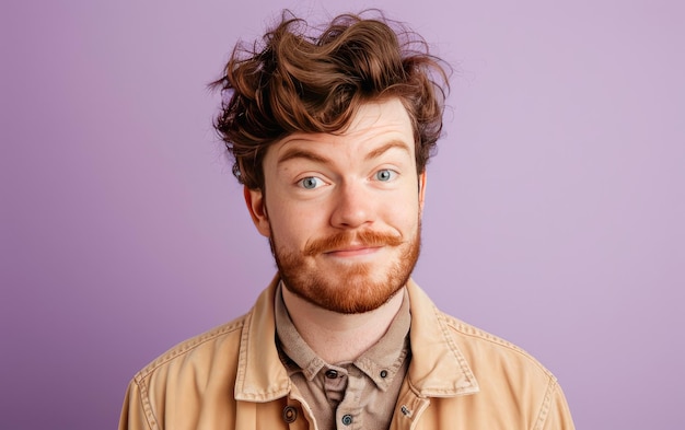 A British man with a subtle smirk hinting at mischief Isolated on Lavender Background JPG Portrait image