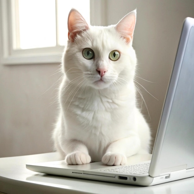 British shorthair cat lying in front of the computer pretending to work