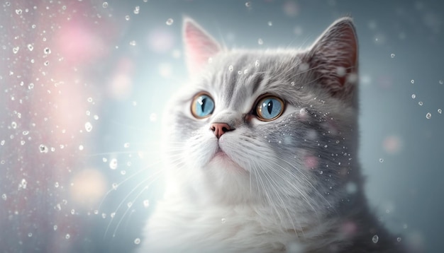 British Shorthair Cat Medium Shot White Pink Blue Magical Fantasy Bokeh Generative AI