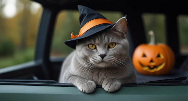 Photo british shorthair cat in witchs hat and cape with halloween pumpkin