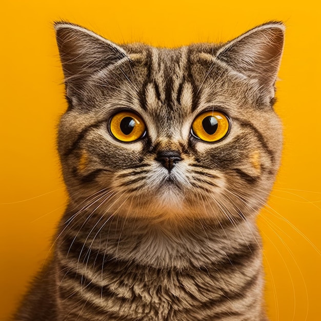 British shorthair cat with yellow eyes on yellow background Generative AI