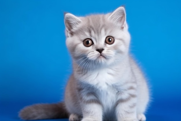 British Shorthair kitten of silver color on blue and gray backgrounds