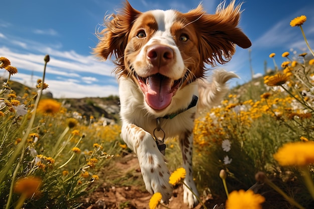 Brittany dog happily running in the wildflower field