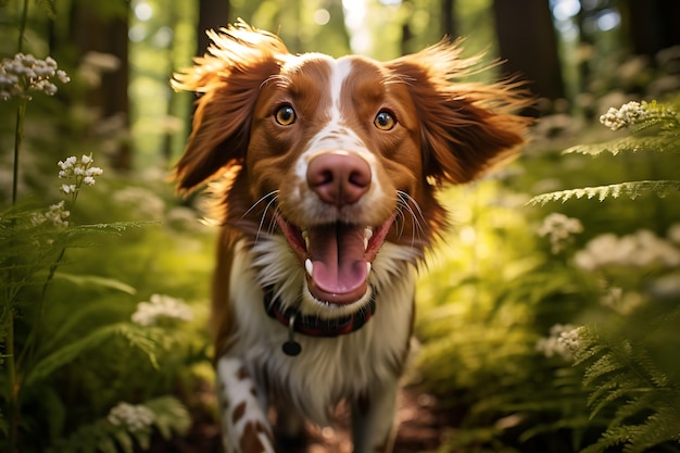 Brittany dog happily running in the wildflower field